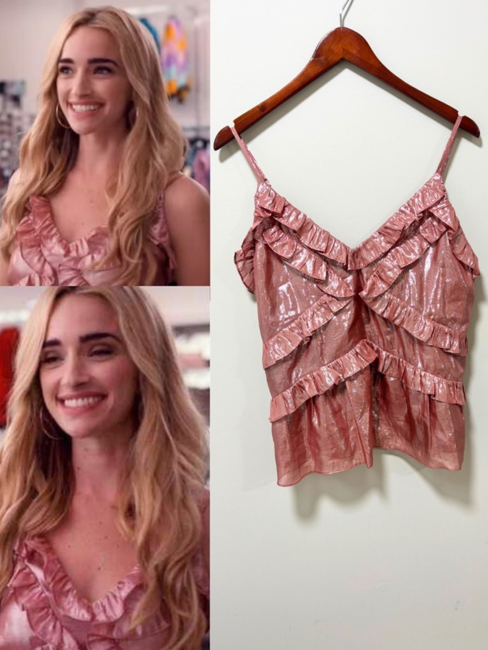 ASO Georgia Miller in Ginny and Georgia Pink Metallic Chiffon Ruffle Tank Large